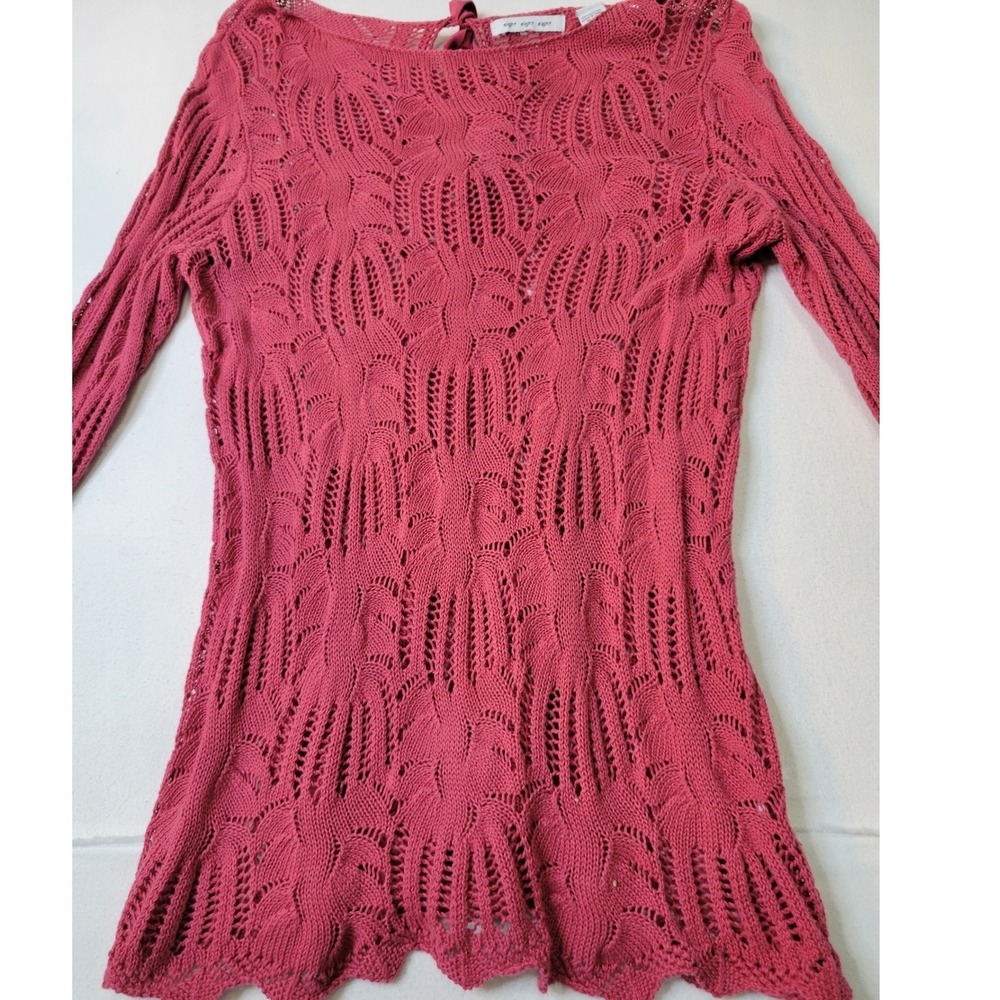 Eight Eight Eight Pink Cotton Open Knit Pointelle Long Sleeve Tie Back Top